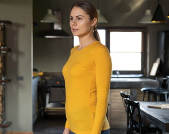 Womens Long Sleeve Shirt Crewneck Sweatshirt Organic Merino Wool Sweater Lounge Wear Sustainable Clothing 160gsm Power Mango
