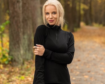 Half Zip Sweatshirt for Women Zip Neck Black Turtleneck Merino Wool Long Sleeve Shirt Hiking Fall Sweatshirt 250gsm