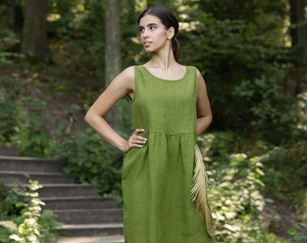 100% Linen Dress with Pockets Smock Dress Summer Dress for Women Cocktail Dress Sustainable Linen Clothing ELIZA Forest Green