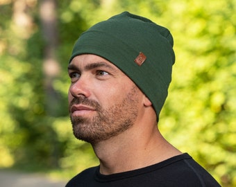 Bonnet en laine mérinos pour homme et femme Bonnet de printemps unisexe Cadeaux durables Accessoires en tricot Vert foncé