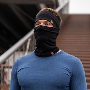 Unisex Winter Set of Headband & Neck Gaiter for Women Men 100% Merino Wool Ski Mask Organic Clothing Sustainable Gifts Black