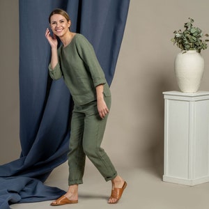 Linen Two Piece Set High Waist Tapered Trousers Linen Pants & Linen Blouse for Woman Lounge Set Sustainable Linen Clothing Loungewear