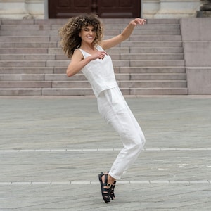 Pantalon classique 100 % lin pour femme Blanc Pantalon en lin avec poches Pantalon taille haute Bio Vêtements DAKOTA Blanc pur image 4