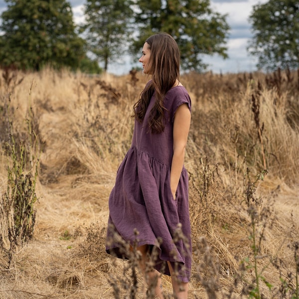 Klaar om linnen Kieljurk voor vrouwen te verzenden Midi losse zomerjurk Biologische Kieljurk met zakken Linnen kleding CECILIA Shadow Purple