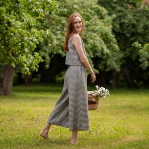 Green Gingham Linen Culottes Linen Wide Leg Pants Summer Pants Linen Trousers Skirt Pants Palazzo Pants Linen Trousers LANA