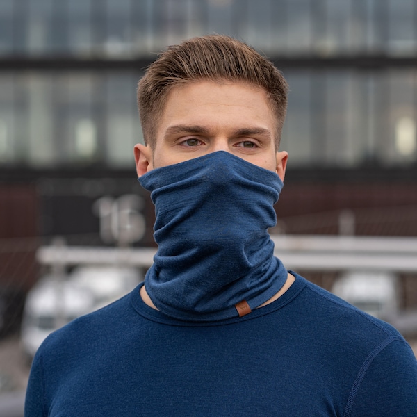 Ghetta per il collo in lana merino biologica Maschera per il viso unisex Scaldacollo Maschera da sci Regali sostenibili Accessori in maglia Blu denim