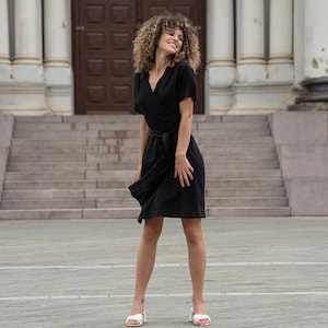 Black Linen Wrap Dress Linen Dresses for Women Wedding Guest Dress Cocktail Dress for Party Organic Sustainable Linen Clothing ELIANA