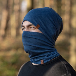 2 Piece Set Unisex Merino Wool Beanie Hat & Neck Gaiter Face Mask Gifts for Women Men Outdoor Ski Mask Organic Knit Accessories Denim