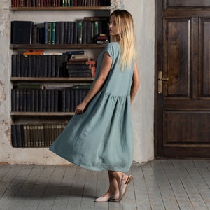 Ready to ship linen smock dress in mint green color