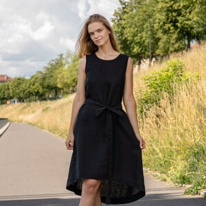 Black Assymetrical Dress Linen Assymetrical Dress Sleeveless Dress Midi Linen Dress Simple Shift Dress for Women Linen Clothing KAYA image 2
