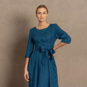 Linen Dress with Ties 100% Linen Wrap Dress Summer  Linen Dress Midi Dress Long Sleeve Dress with Pockets Blue Dress MILEY