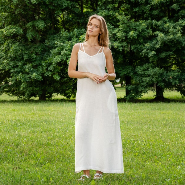 Weißes Slip-Kleid Leinen-Slip-Kleid weißes Kleid Sommer-Slip-Kleid Doppel-Träger-Kleid Leinenkleid für Frauen Maxi-Slip-Kleid KIMI