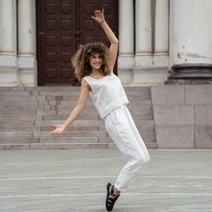 Pantalon classique 100 % lin pour femme Blanc Pantalon en lin avec poches Pantalon taille haute Bio Vêtements DAKOTA Blanc pur image 3