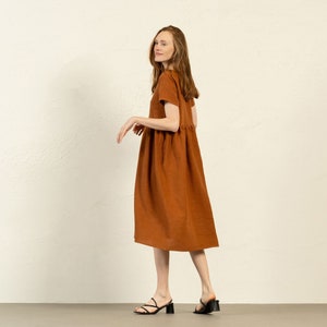 Linen Dress for Woman Midi Dress Smock Dress Brown Linen Dress Short Sleeve Dress Maternity Dress MARIA Brown Dress
