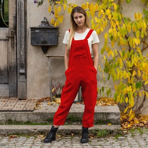 Linen Jumpsuit for Women Organic 100% Linen Romper Long Overall Sustainable Pinafore Jumpsuit NICCI Pure REd