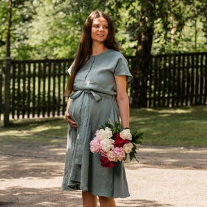 Maternity Dress 100% Linen Dress for Baby Shower Button Dress Postpartum Pregnancy Clothes Maternity Photoshoot BRIGIT Mint Green