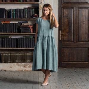 Smock Leinen Kleid Lässiges Midi Kleid für Frauen 100% Leinen Nachhaltige Geschenke für Sie Hochzeit Gast Kleid mit Taschen CECILIA Bild 2