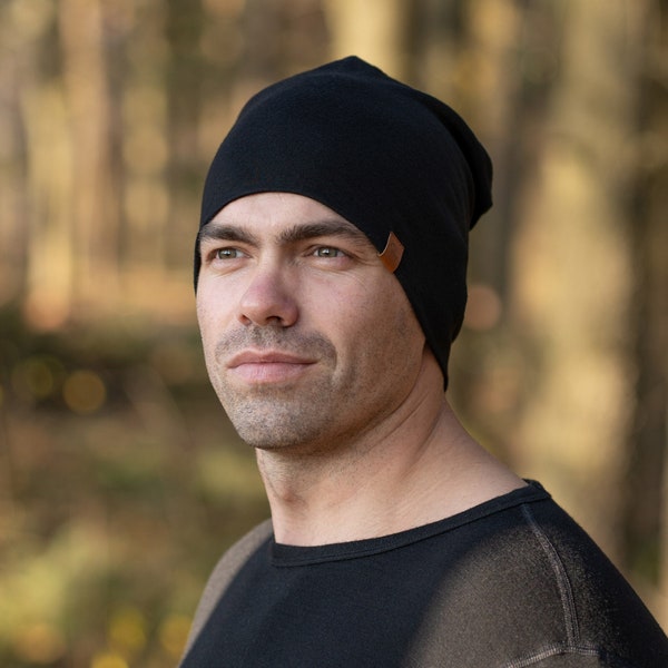 Gorro holgado de lana merino, gorro de punto de otoño, gorro para hombre, regalos sostenibles para novio, accesorios de punto de otoño, negro