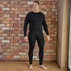 Mens Long Sleeve Shirt & Workout Leggings Two Piece Set Matching Lounge Set Merino Wool Thermal Pajama Set Sustainable Clothing 250gsm Black