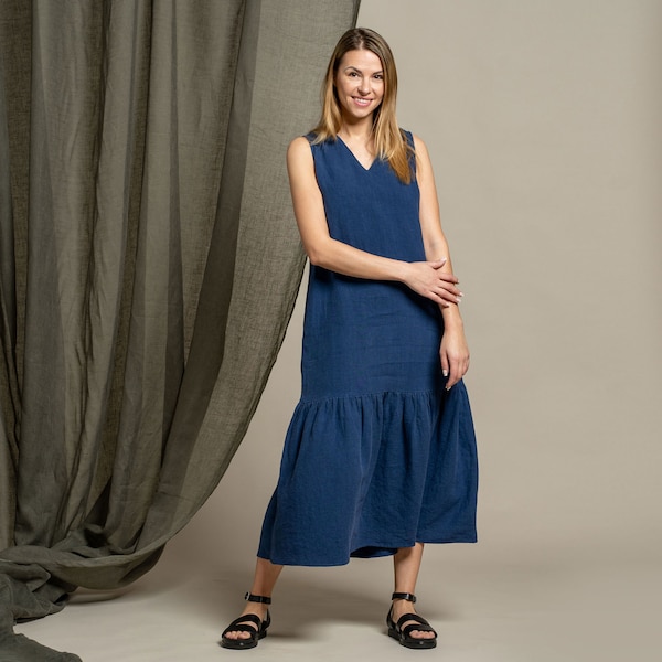 Formelles Leinenkleid Maxikleid mit Rüschen Hochzeitskleid für Damen Sommer-Marinekleid Nachhaltiges Muttertagsgeschenk AURORA Storm Blue