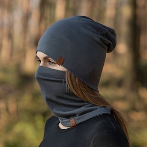 2 Piece Set Merino Wool Beanie Hat & Neck Gaiter Face Mask Two Piece Set Beanie Ski Mask Sustainable Gifts Gray