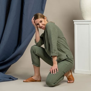 Linne 2-delat set med hög midja, avsmalnande byxor, linnebyxor och linneblus för kvinnor, loungeset, hållbara linnekläder, loungewear bild 4