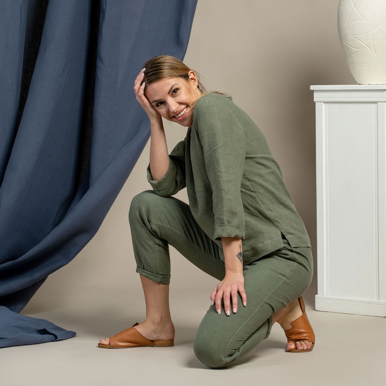 Linne 2-delat set med hög midja, avsmalnande byxor, linnebyxor och linneblus för kvinnor, loungeset, hållbara linnekläder, loungewear bild 4