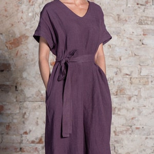 Organic 100% Linen Dress for Woman Long Sun Dress Oversized Midi Dress with Tie Short Sleeve Shift Dress Linen Tunic Dress JOELLE image 5