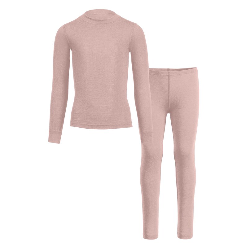 merino kids’ thermal set — long-sleeve top and matching leggings, front view on white background.