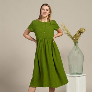 Midi Smock Dress Organic 100% Linen Dress Pure Washed Linen Sustainable Linen Short Sleeve Dress MARIA Forest Green image 2