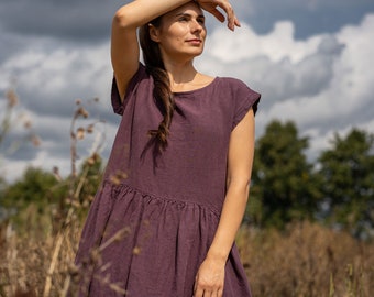 Sommer Leinenkleid für Frauen Midi Large Strandkleid Bio-Hängerkleid mit Taschen Nachhaltige Leinenkleidung CECILIA Shadow Purple