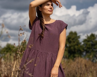 Summer Linen Dress for Women Midi Large Beach Dress Organic Smock Dress with Pockets Sustainable Linen Clothing CECILIA Shadow Purple