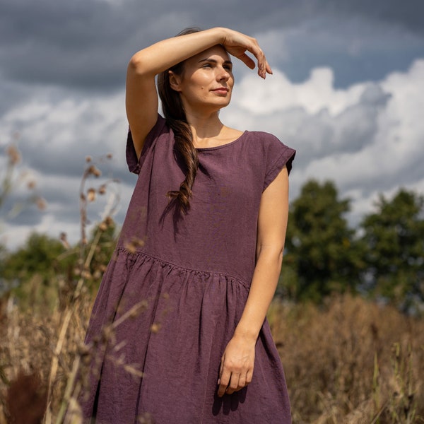 Summer Linen Dress for Women Midi Large Beach Dress Organic Smock Dress with Pockets Sustainable Linen Clothing CECILIA Shadow Purple