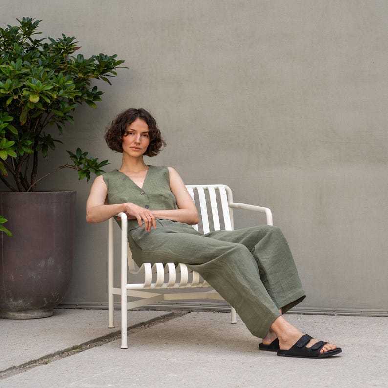 Linen pants in stone green color