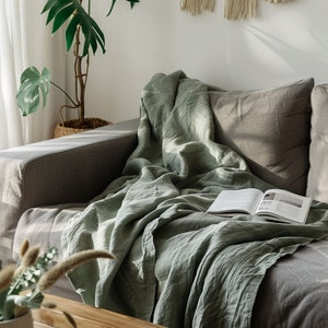 Pu&ograve; includere: Una coperta di lino verde drappeggiata su un divano grigio con un libro sopra. La coperta &egrave; morbida e testurizzata, e il divano &egrave; comodo e invitante.