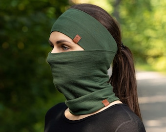 2 Piece Set of Neck Gaiter & Headband for Women Men Unisex Two Piece Set Merino Wool Sustainable Clothing Fall Knit Accessories Dark Green