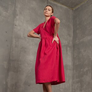 Linen Collared Wrap Dress Phoebe in hot pink color