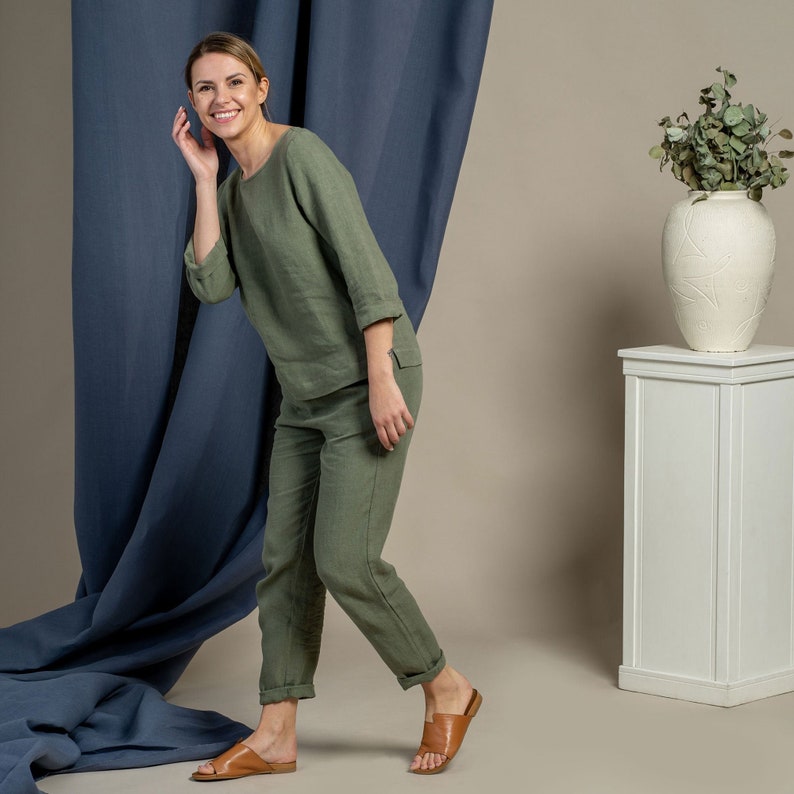 Linne 2-delat set med hög midja, avsmalnande byxor, linnebyxor och linneblus för kvinnor, loungeset, hållbara linnekläder, loungewear bild 1