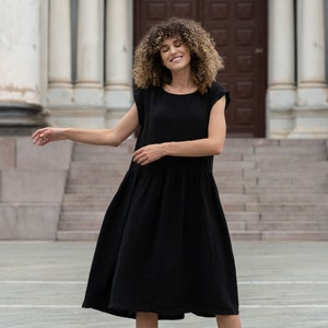 Ready to ship linen smock dress in black color