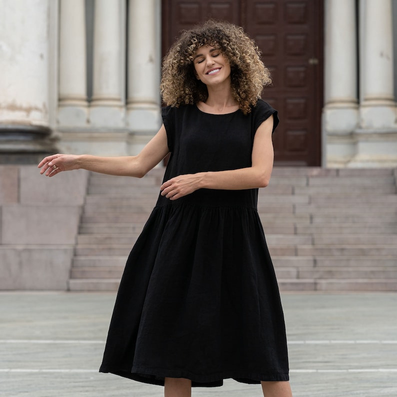 Ready to ship linen smock dress in black color