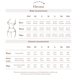 May include: A chart showing body and garment measurements for different sizes, from XXS to XXL. The chart includes measurements for bust, waist, hips, and inner seam. Measurements are given in both inches and centimeters.