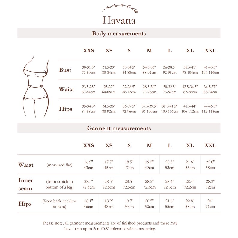 May include: A chart showing body and garment measurements for different sizes, from XXS to XXL. The chart includes measurements for bust, waist, hips, and inner seam. Measurements are given in both inches and centimeters.