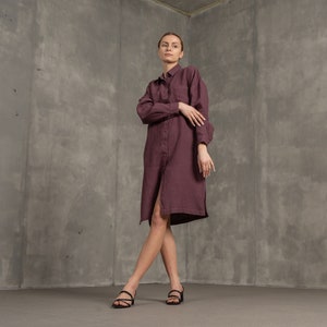 Linen Shirt Dress Oversize Shirt Dress Linen Dress Midi Dress Long Sleeve Dress / Organic Linen Clothing MARGO Shadow Purple