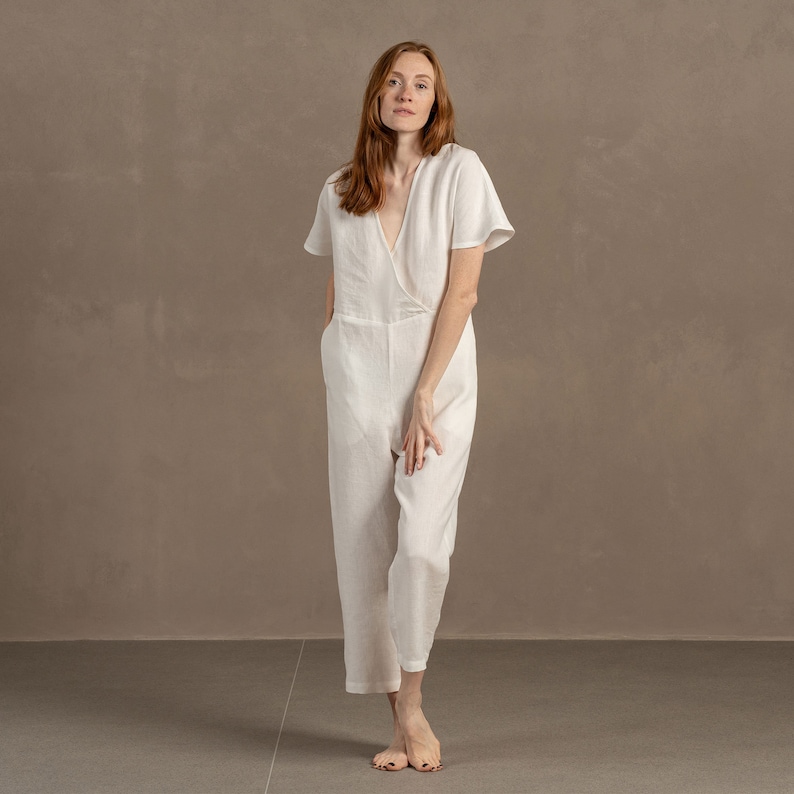 Tall red hair woman wearing beautiful Linen Jumpsuit with kimono sleeves in Pure white color