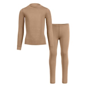 merino kids’ thermal set — long-sleeve top and matching leggings, front view on white background.