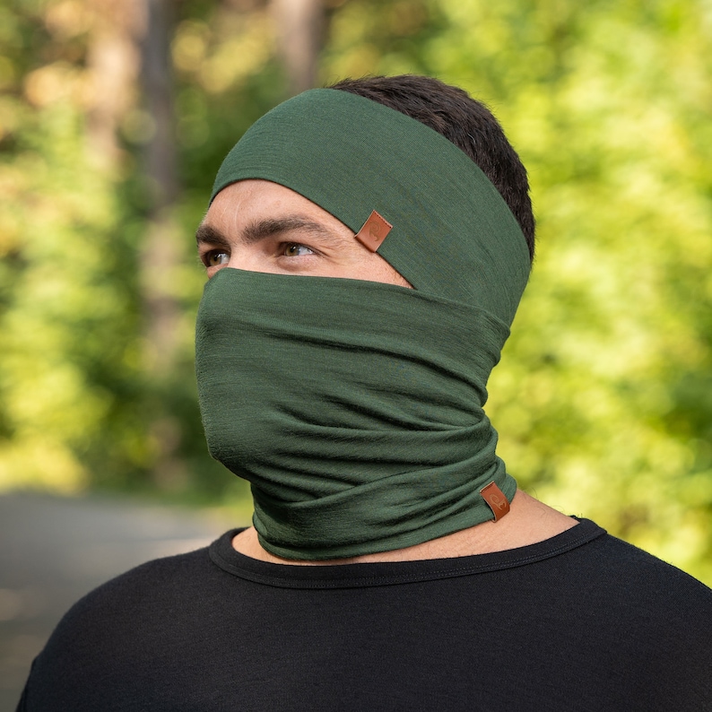 2 Piece Set of Neck Gaiter & Headband for Women Men Unisex Two Piece Set Merino Wool Sustainable Clothing Fall Knit Accessories Dark Green image 6