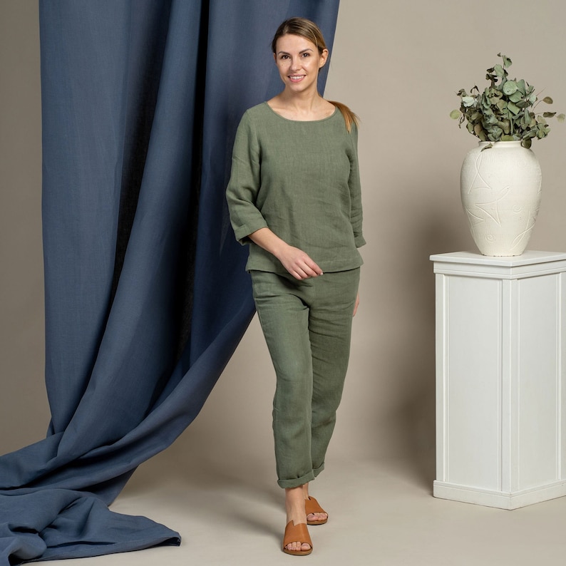 Linne 2-delat set med hög midja, avsmalnande byxor, linnebyxor och linneblus för kvinnor, loungeset, hållbara linnekläder, loungewear bild 2