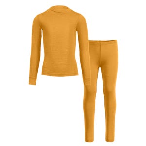 merino kids’ thermal set — long-sleeve top and matching leggings, front view on white background.