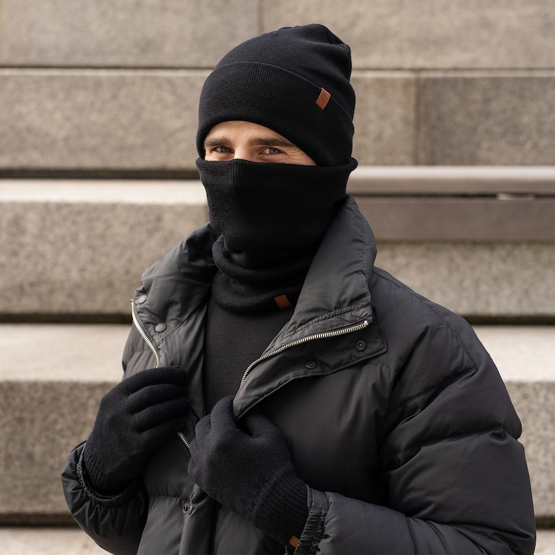 Black Neck Gaiter 100% Merino Wool Neck Warmer Unisex Knitted Gaiter ...