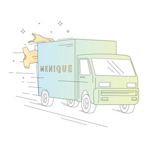 May include: A green and blue delivery truck with the word "MENIQUE" on the side. The truck is driving down a road with a yellow garment flying out of the back.
